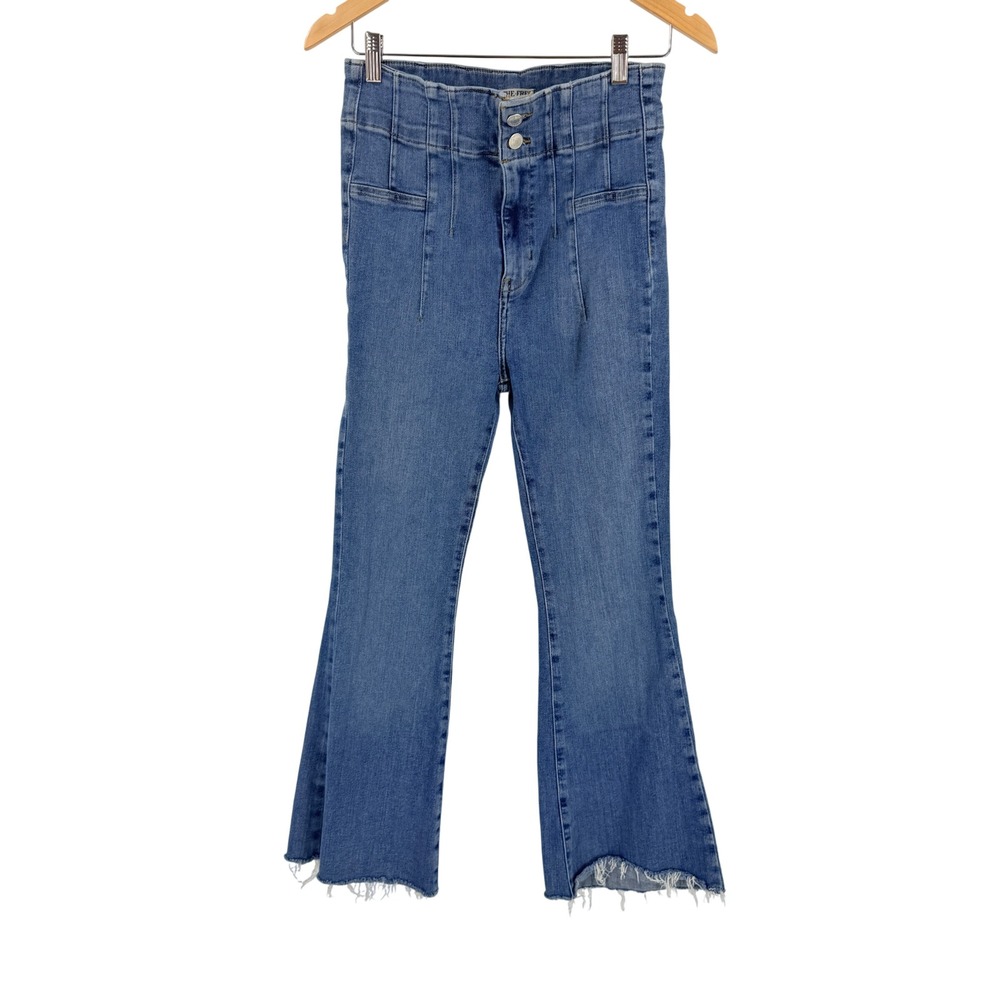 We The Free Jeans Blue 29 High Rise Flare Raw Hem Boho Retro 70s Stretch Denim